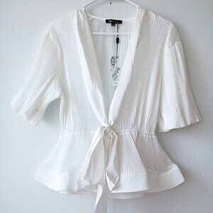 White Pleated Wrap Blouse with Waist Tie  Women's – Elegant & Flowy